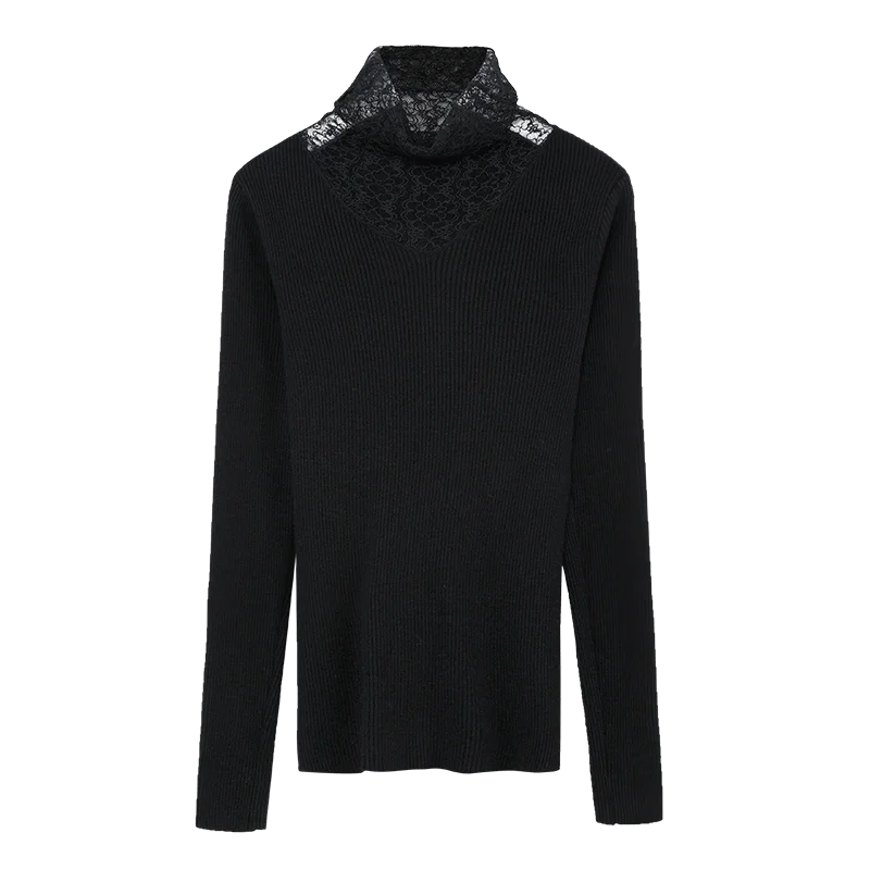 

New autumn and winter 2020, women's half high collar solid color knitted sweater, Korean lace splicing top, fashion women's wear