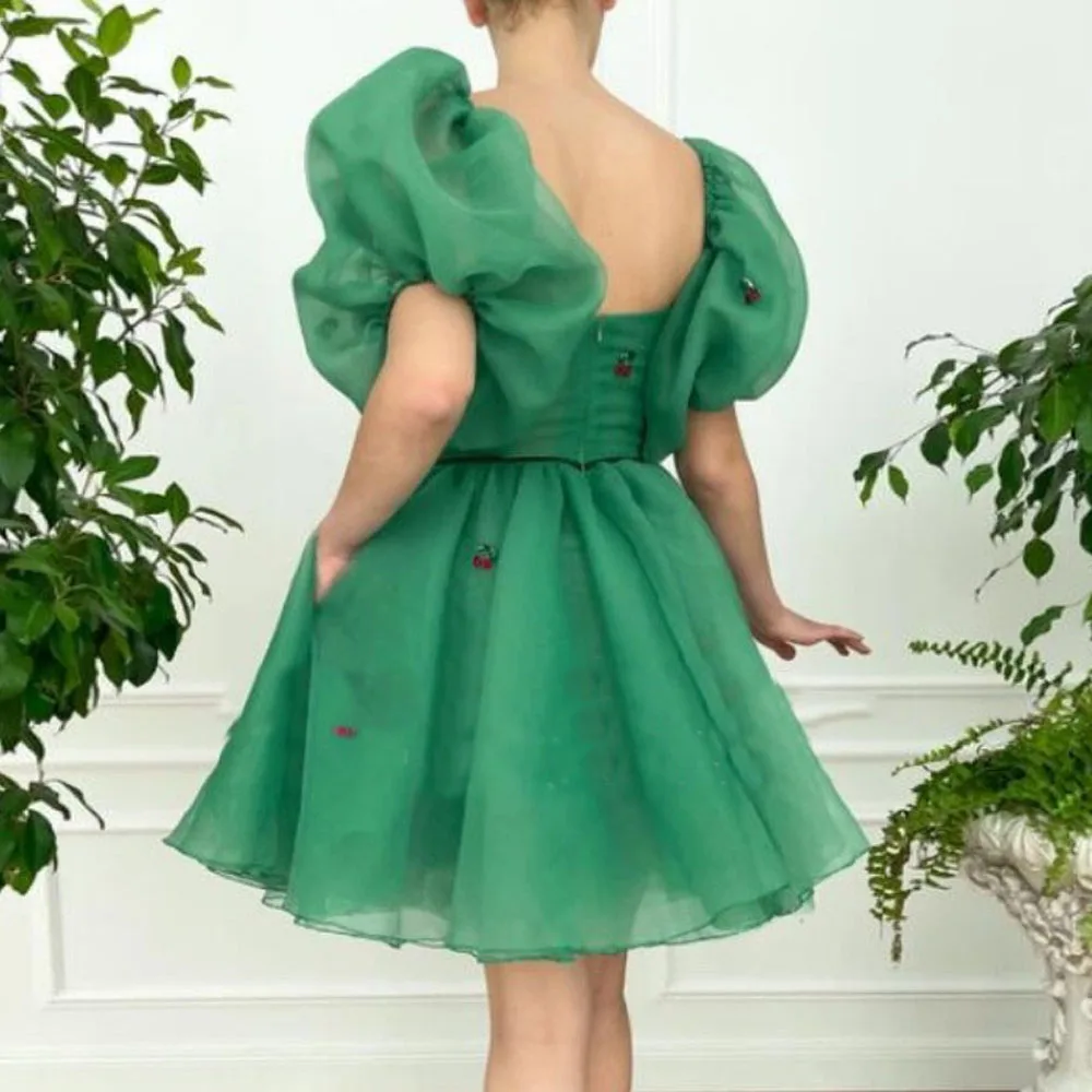 Puff Sleeves Prom Dresses Knee Butterfly Appliques Sweetheart Length Formal Party Gowns's Women Green Cocktail Dress 2021 | Свадьбы и