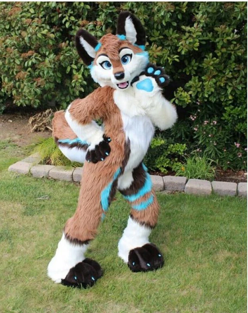 Костюм-талисман для взрослых на Хэллоуин из длинного меха лисы хаски собаки