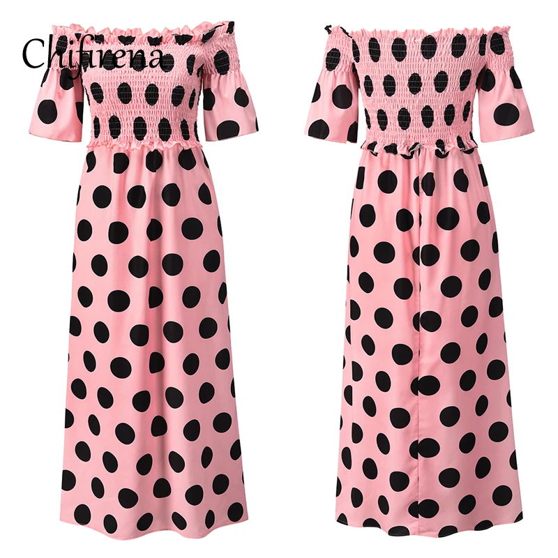 

Chifirena Plus Size Summer Maxi Dress Polka Dot Strapless Long Dresses Elegant Party Beach Sundress Slash Neck Boho Vestidos
