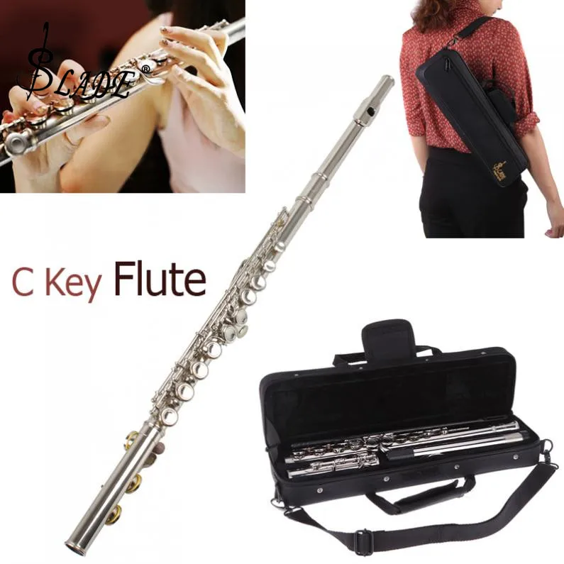 LADE Silver Plated 16 Closed Holes CKey Flute and Musical instruments with Case / Cloth / Screwdriver