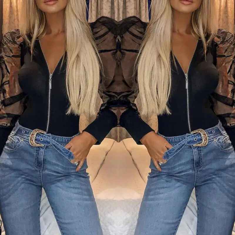 

Sexy Womens Bodysuit Mesh Sheer See Though Long Sleeve Bodycon Zipper Jumpsuit Puff Sleeve Bodysuit Leotard Romper Playsuit Hot