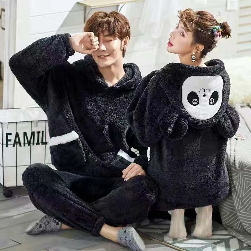 

ELAN MILRE 2021 New Autumn And Winter Coral Fleece Couple Pajamas Thick Warm Men And Women Loose Plush Home Service Suit