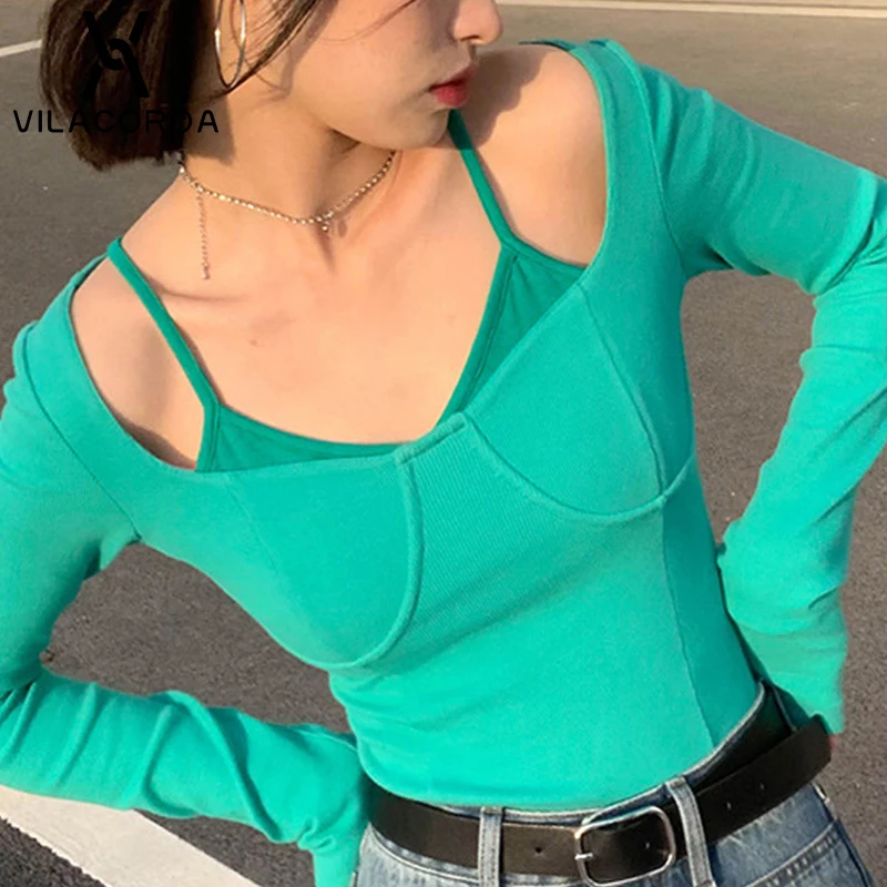 

Fake Two Women T-Shirt Long-Sleeved Stitching Green Cropped Shirt V-Neck Sexy Slim Tees Top Street Y2K Tops Long Sleeve Pullover