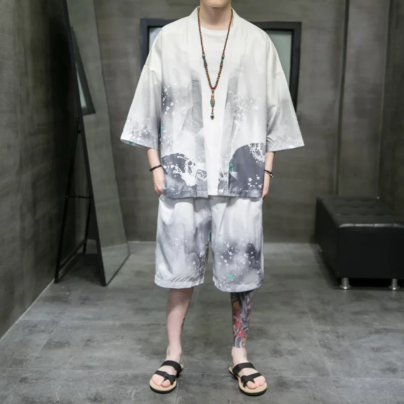 

Summer new men's suit Chinese style casual loose ice silk fabric trend trendy brand shorts short sleeve suit men's suit