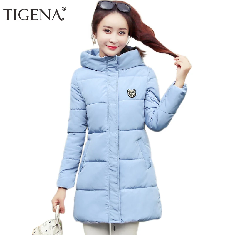 Женская длинная куртка большого размера TIGENA парка с капюшоном и карманами теплый