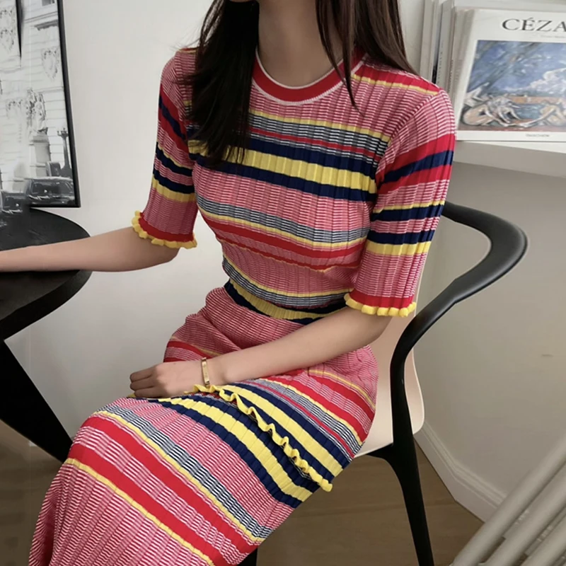 

Kimotimo Women 2 Piece Set Korean Chic Summer O-neck Color Stripes Knit Top + High Waist Trumpet Mid-length Skirt Vintage Sets