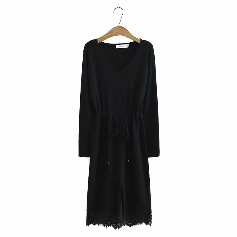 

Plus Size XL-4XL Women's V-neck Crocheted Long Dress Lace Patchwork Vintage Autumn Winter Dresses