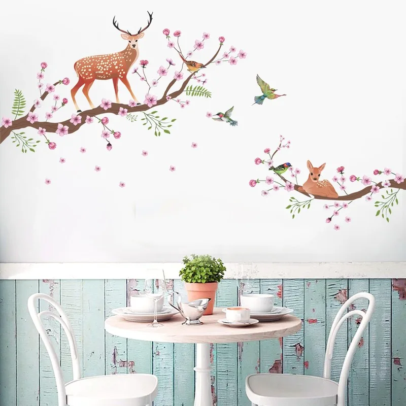 

Nordic Deer Wall Sticker Peach blossom Tree Decoration Kids Bedroom Living Room Home Decor Nursery Decals Vinyl Films