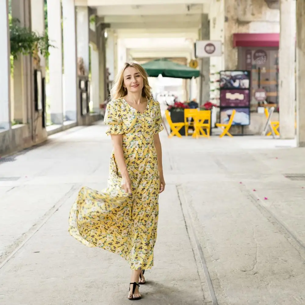 PatPat Stylish Floral Printed Long Sleeve Dress in Yellow for Mom and Me Spring Autumn Print Casual | Мать и ребенок