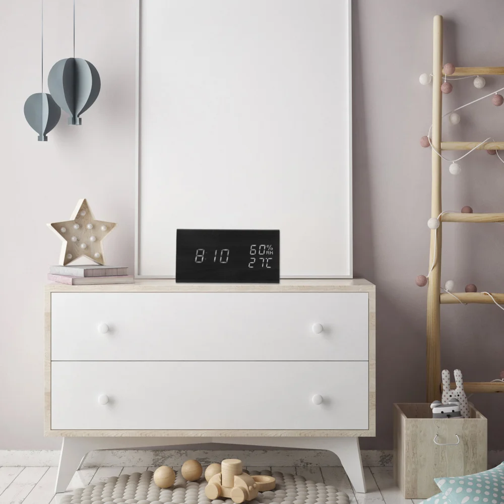 

Silent LED Alarm Clock Wooden Temperature Humidity Display LED Tabletop Clock