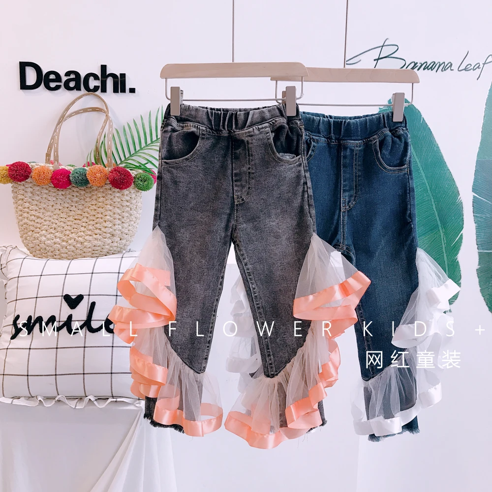 2019 г. Новые модные эластичные джинсы для маленьких девочек красивые кружевные