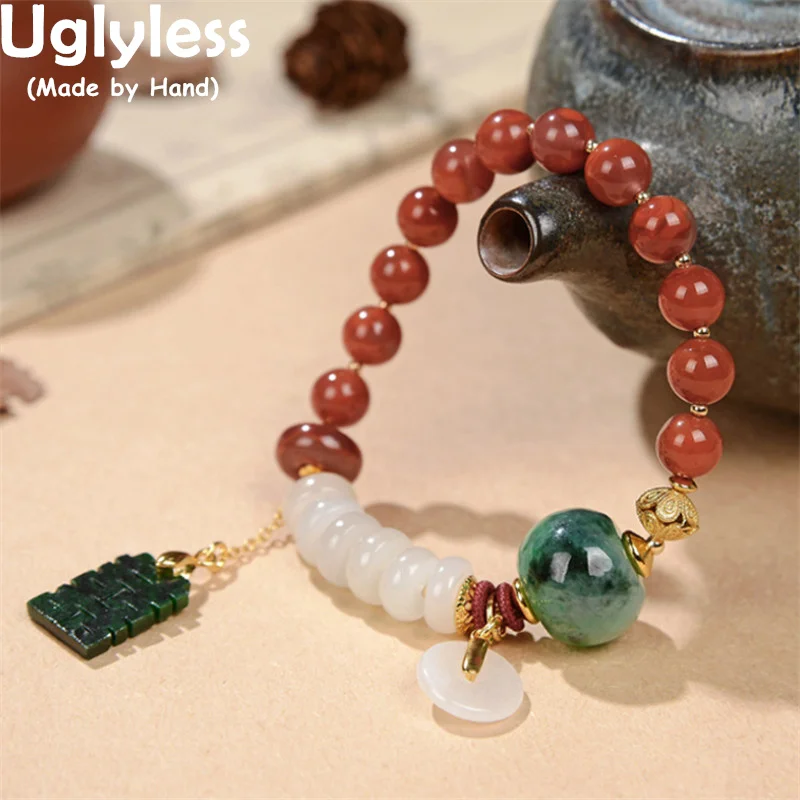 

Uglyless Natural Meaty Agate Bracelets for Women 925 Silver Elastic Rope Beading Gemstones Bracelets Jadeite Jade Jasper Jewelry