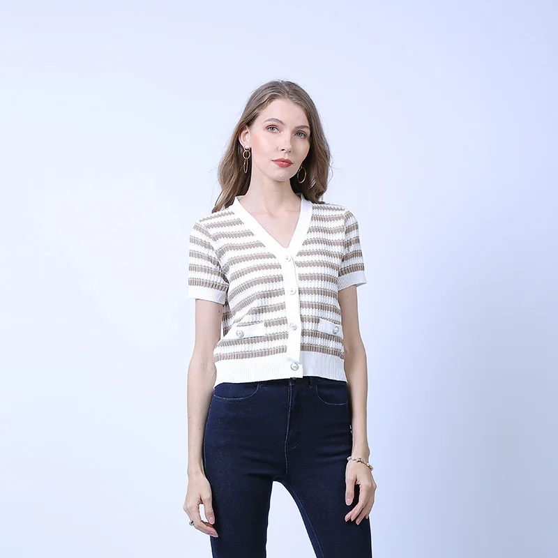 

Korean Fashion Tees And Tops Female 2021 Summer Slim V Neck Single Breasted Knitted Sweater For Women Yalabovso