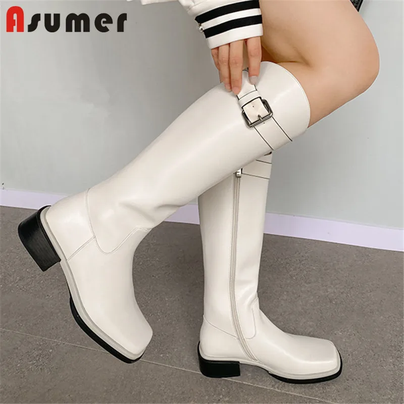 

Asumer 2022 Hot Sale Genuine Leather Shoes Women Riding Boots Buckle Zip Autumn Winter Low Heels Popular Knee High Boots Female