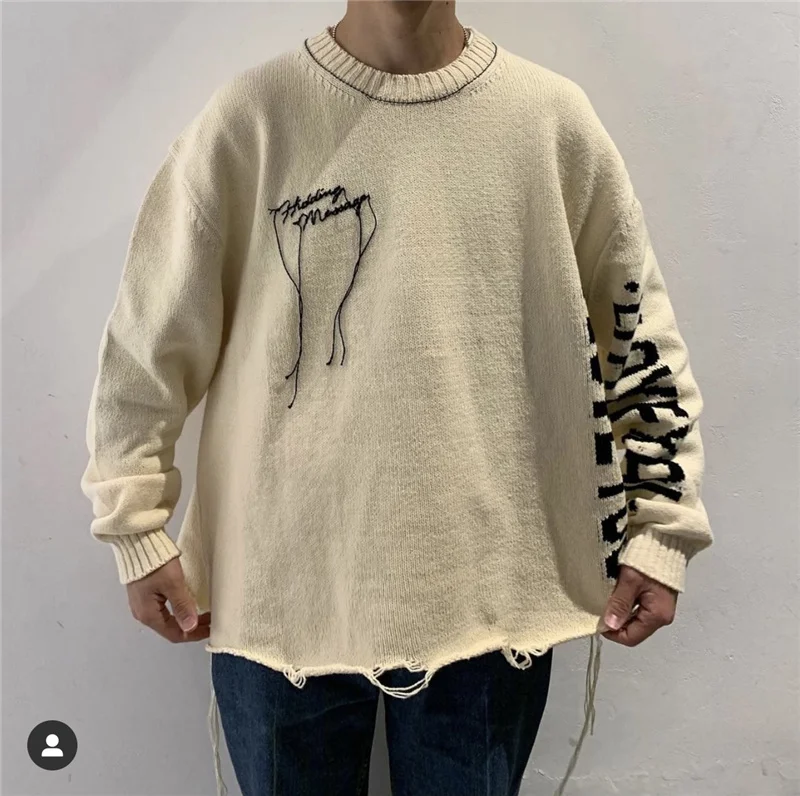 

Quality 2021 Good Letter Tassel Destruction Knitting High Street Men's and Women's Round Neck Sweater Cotton Standard Womens