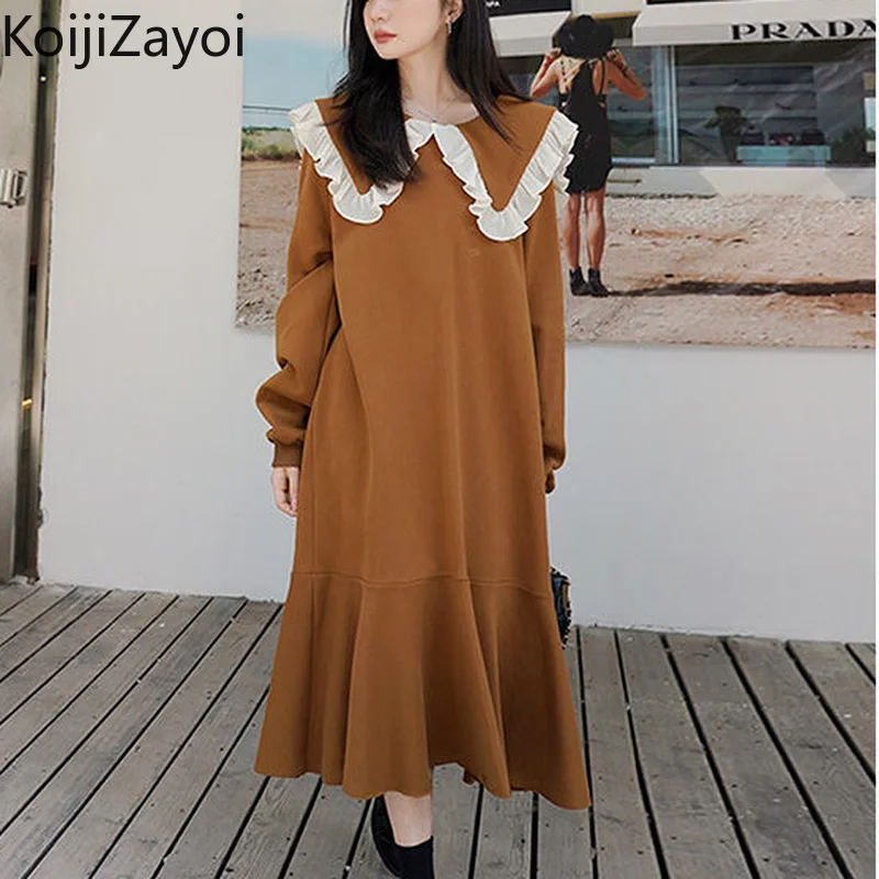 

Koijizayoi Vintage Women Sweet Peter Pan Collar Mermaid Maxi Dress Elegant Ruffles Long Sleeve Solid Loose Dress Autumn Winter