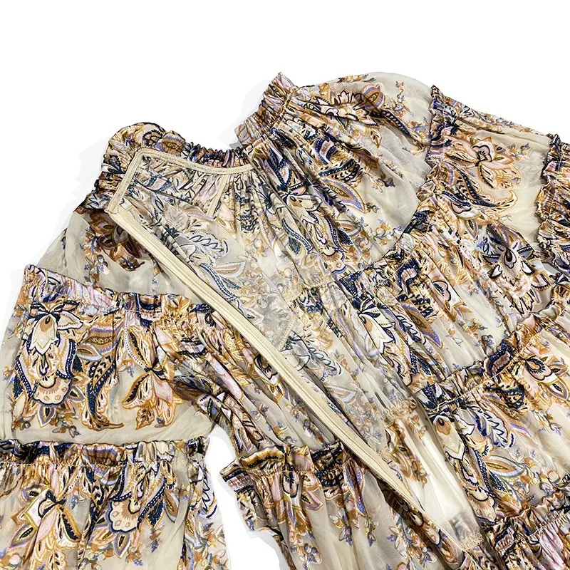 

Women Mid Dresses High Quality Embroiedery Floral Long Sleeve Summer Fashion