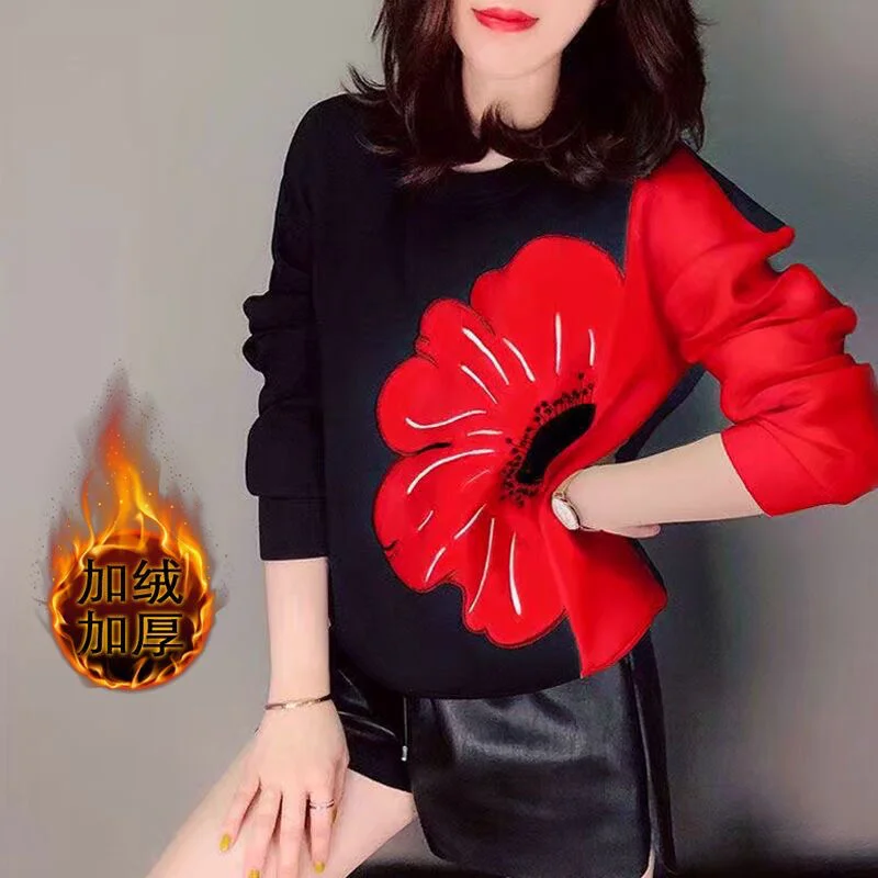 

Sweatshirt Women Thick Long-Sleeved O-Neck Hoodie Patchwork Flowers Autumn Winter Warm Tops Ropa Mujer Ladies Female Pullover