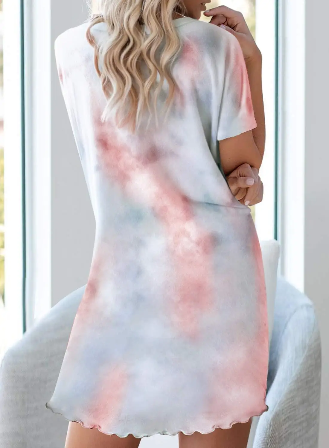 

New Tie Dye Print Family Mini Dress Casual V-neck Short Sleeve Button Home Ruffle Short Dresses Summer Women PINK T-shirt Dress