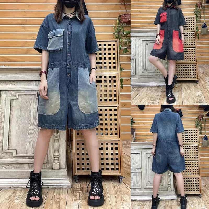

Denim Rompers Women Summer Casual Loose Short sleeves stitching Big pockets Wide Leg Short Playsuits Overalls Cowboy Work Suit