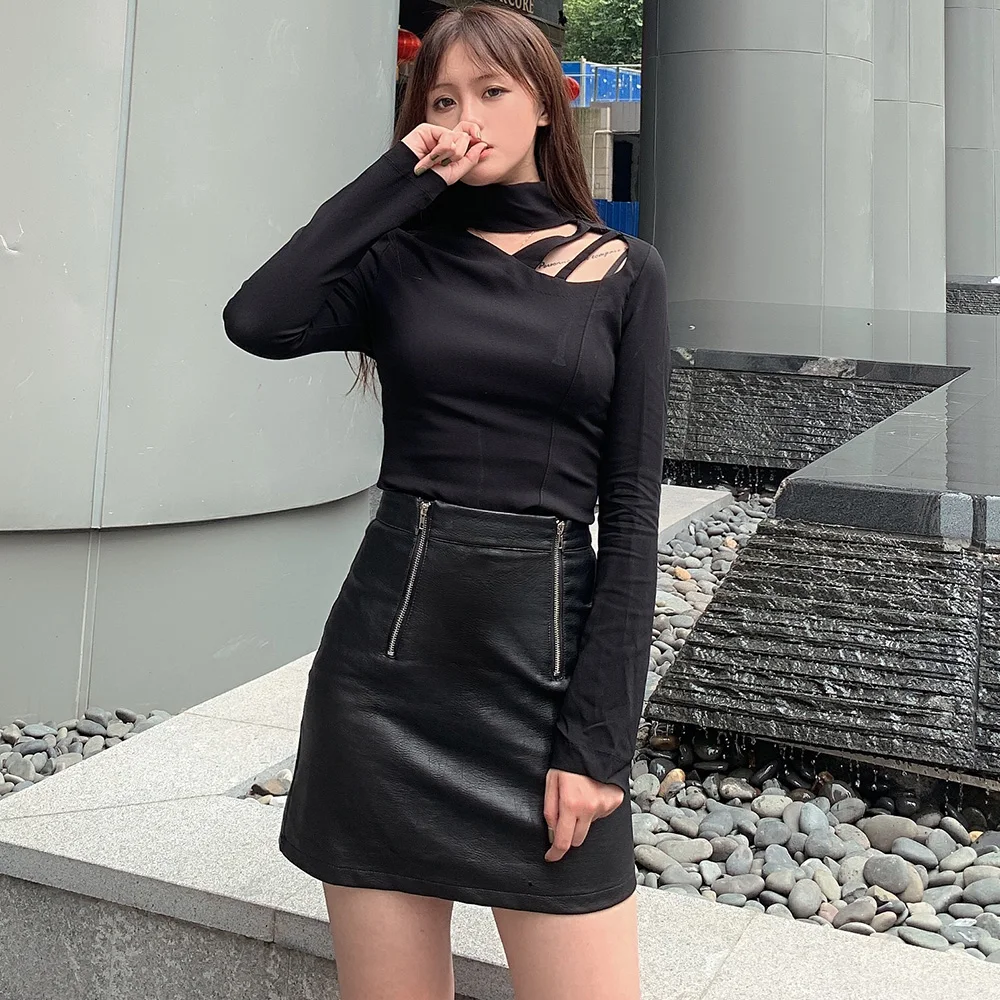 Осень 2019 полый черный водолазка футболка женская тонкая стильная хорошего