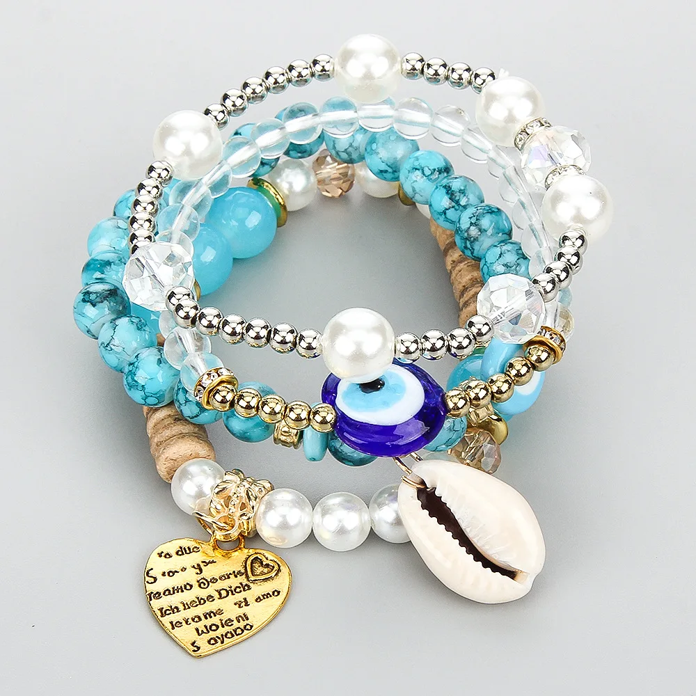 

4PCS Boho Evil Eye Bracelets For Women Yoga Anti-fatigue Shell Pearl Beads Bracelets Set Bohemian Jewelry Slytherin Accessories