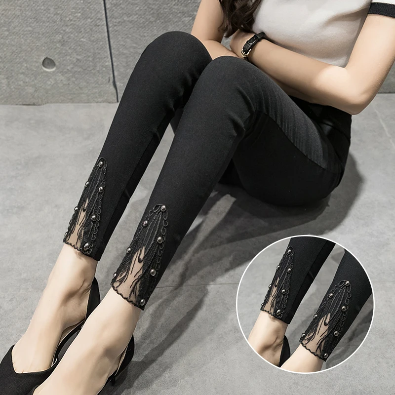 

9XL 10XL Women Pencil Pants Spring Autumn Black High Waist Stretch Plus Size Skinny Casual Lace Pants Pantalones Mujer Moda 2021