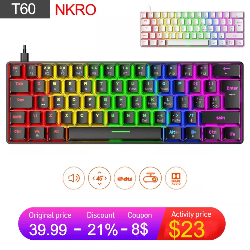 

T60 62 key nkro 18 mechanical keyboard, backlight type, with USB cable, waterproof, ABS, suitable for 60% computer game keyboard