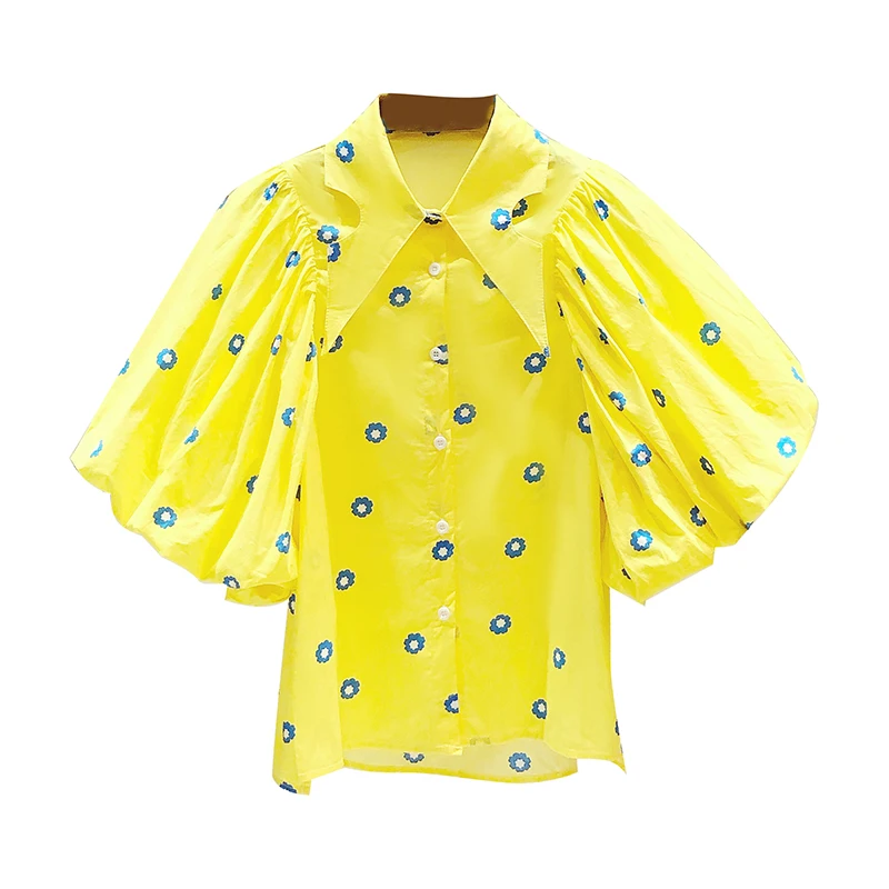 

Printed Lapel Collar Lantern Sleeve Shirt Women's Blouse 2021 Summer New Retro Yellow Shirts Top Girls Lady Loose Sweet Blouses