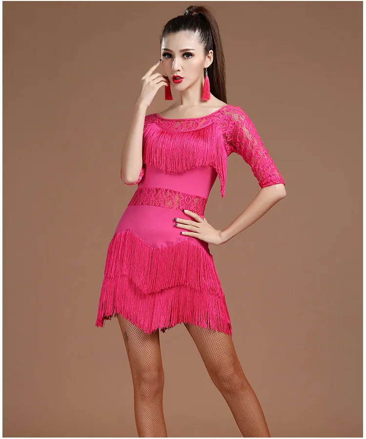 Новое кружевное платье с кисточками короткими рукавами для латинских танцев