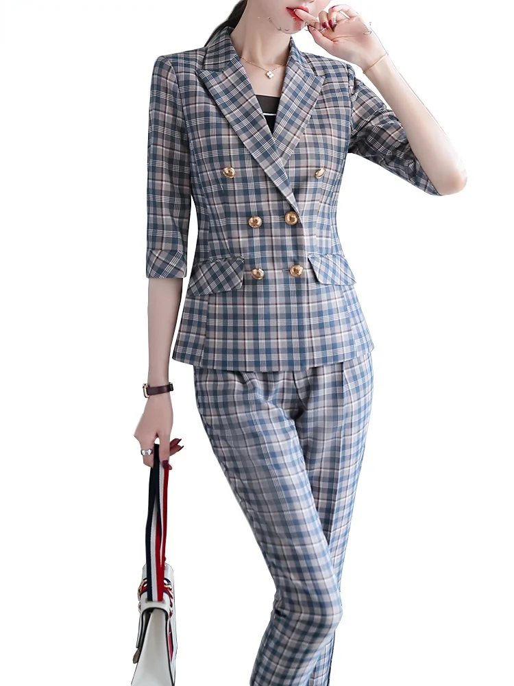 

2021 Women Pant Suits Office Ladies Double Breasted Blazer Jacket and Pant Workwear Blue Yellow Plaid Female Suits 2 Pieces Set