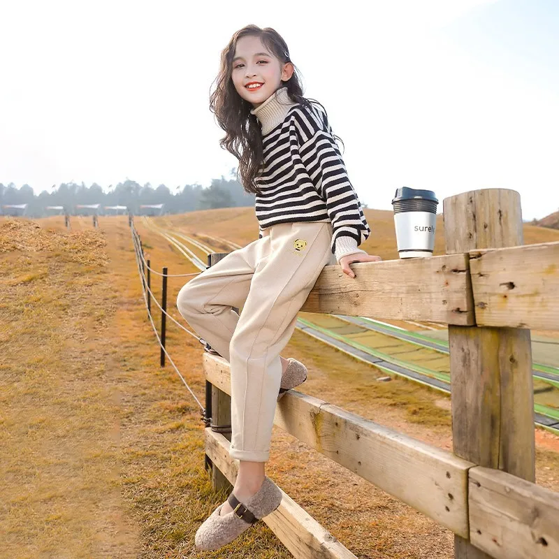 

Girls Autumn And Winter Sweater Children Thickened Bottoming Sirt High Neck Loose Striped Knitted Top With Three-color Pants