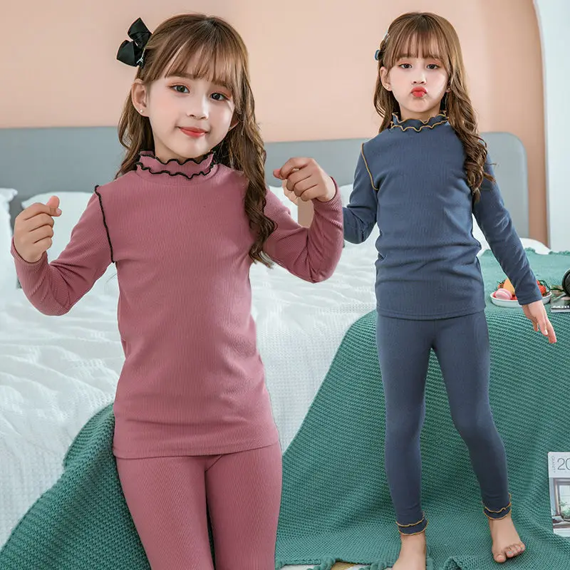 Girl's Underwear Pack Half Turtleneck Autumn and Winter Children's Long Johns Top & Bottom Set Girl's Wooden Ear Thickened Base