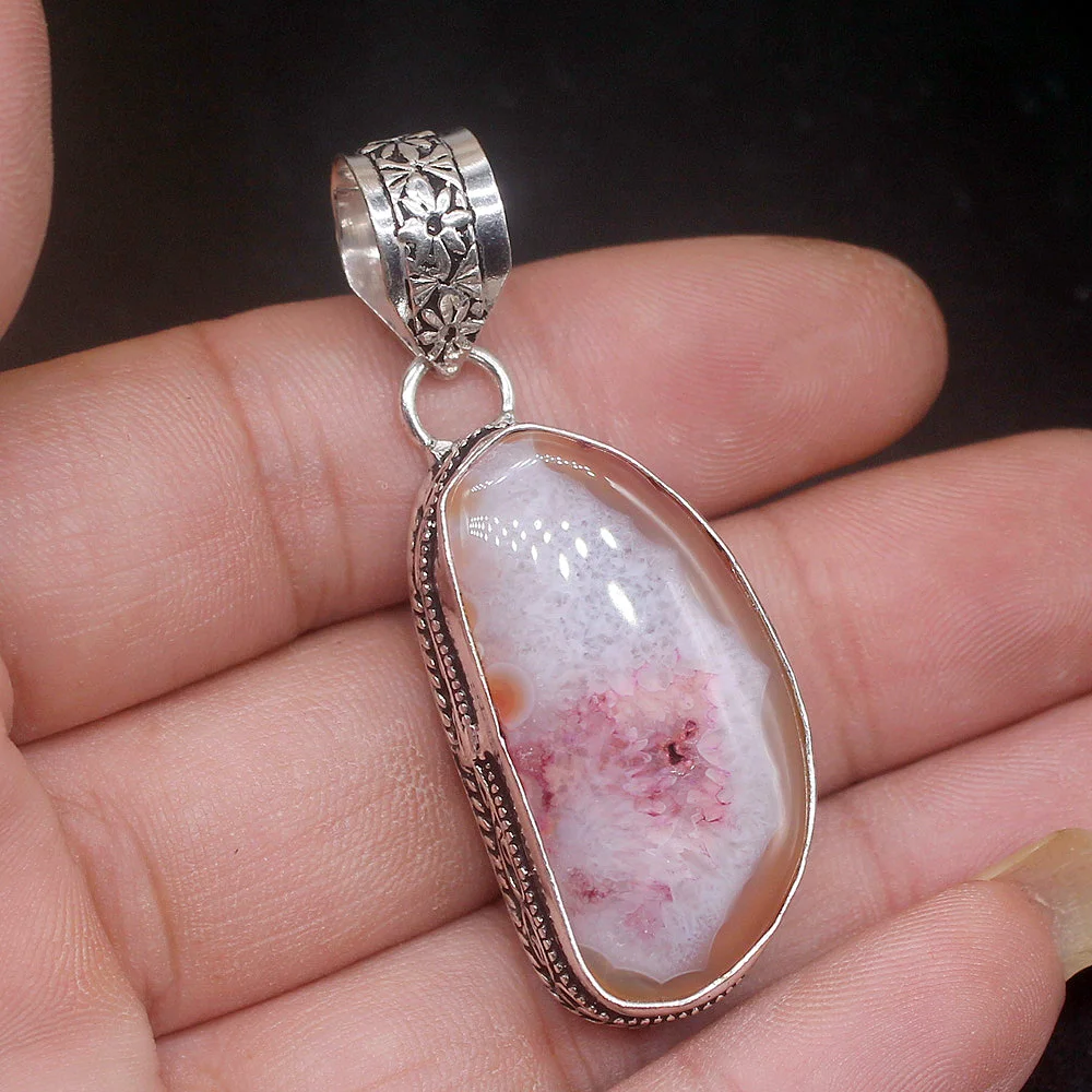 Gemstonefactory Jewelry Big Promotion 925 Silver Solitaire Vintage Unique Druzy Agate Women Ladies Gifts Necklace Pendant 0745