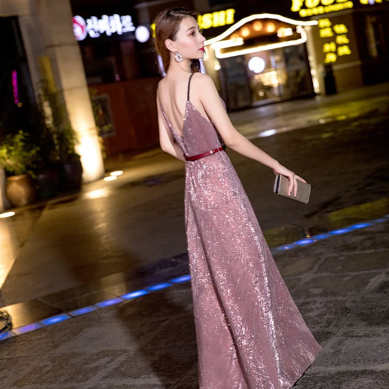 

Burgundy Exquisite Sequins Trim Evening Party Dress Office Lady Elegant Banquet Gown Sexy V-Neck Backless Long Prom Dresses