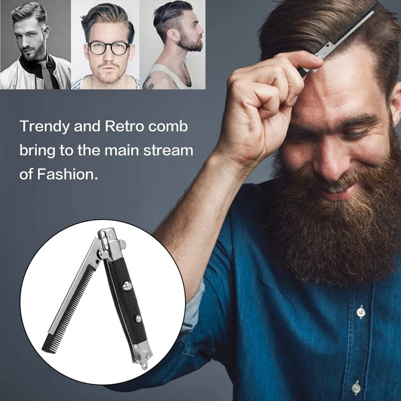 

Stainless Steel Hair Folding Beard Comb Hairstyling Tools Switch Combo Pocket Long Round Handle Hair Comb