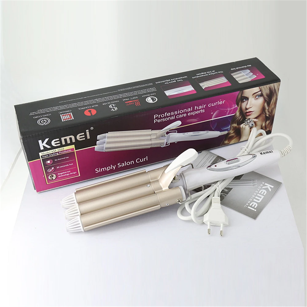 With Box Профессиональные щипцы для завивки волос KEMEI, керамические тройные щипцы для завивки волос, инструменты для укладки волос, электрическая щипцы для завивки волос для женщин и детей Liss - Цвет: With Box