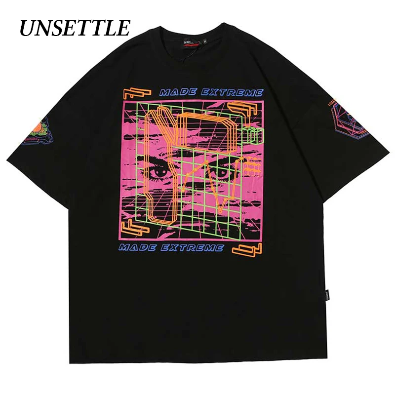 UNSETTLE Harajuku футболки летние Панк Мужчины/Женщины Хип хоп модный принт футболка