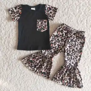 Summer Autumn Leopard Print Short-sleeved T-shirt And Leopard Flared Trousers Kids Clothing