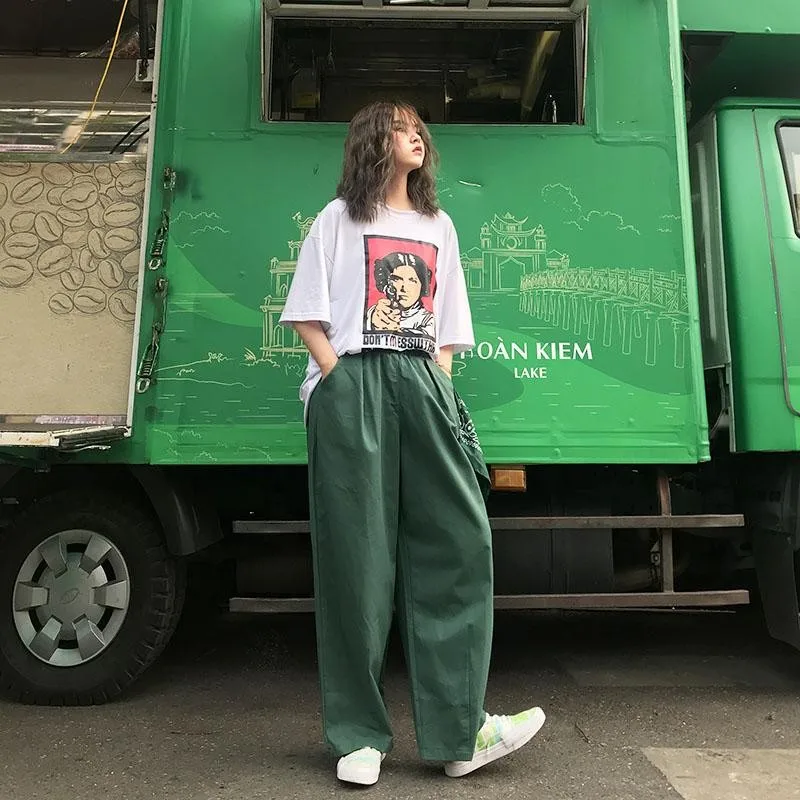 

Large size women's loose casual straight tube tooling High Waist Wide Leg long pants