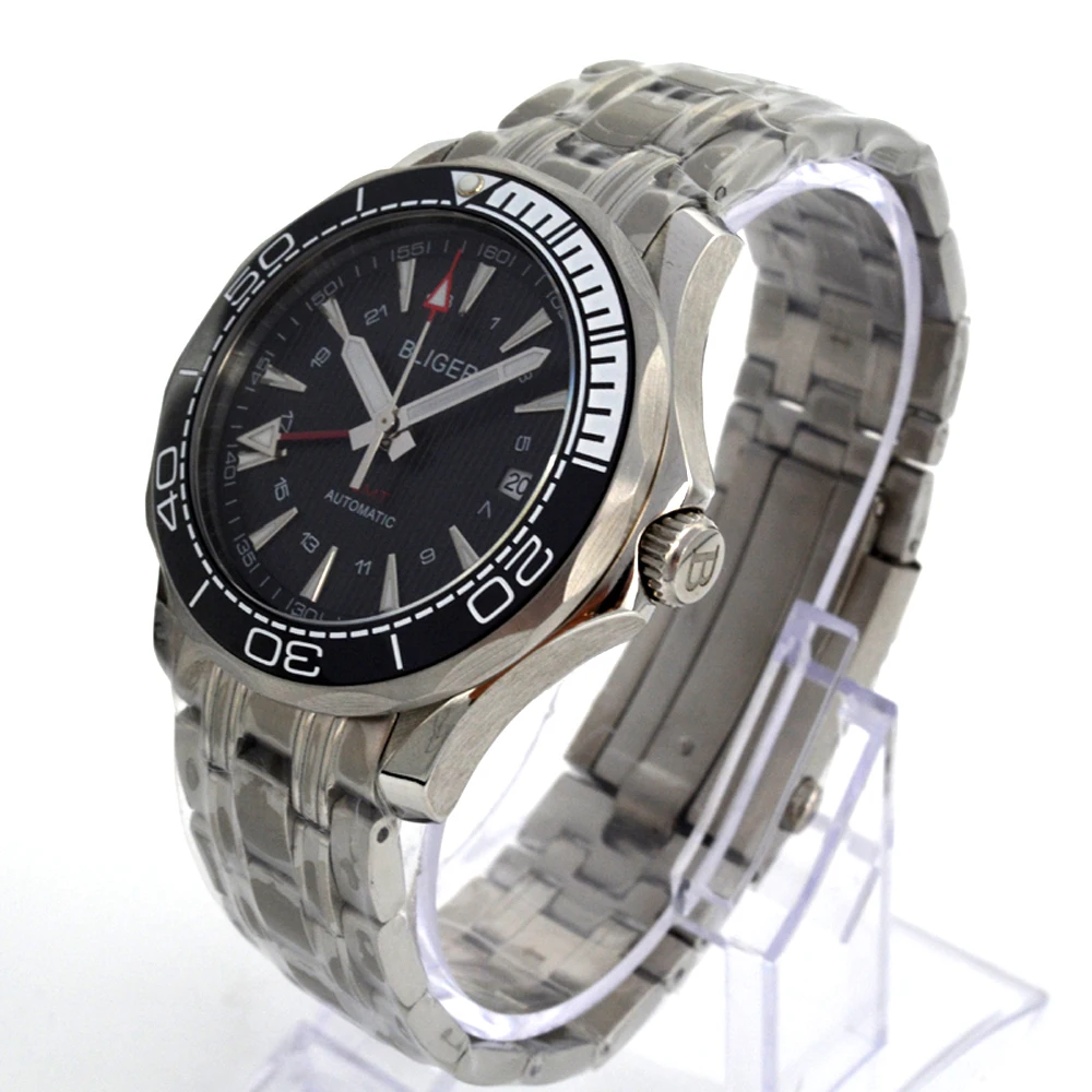 Мужские наручные часы BLIGER черные и белые автоматические механические GMTWave с