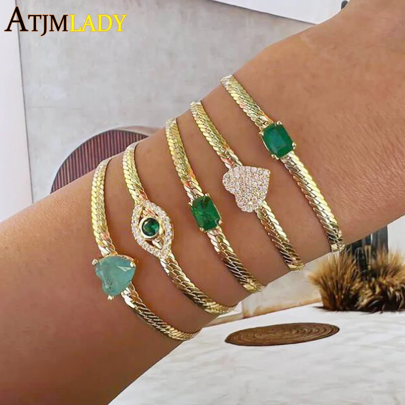 Полированная цепочка в елочку 5 мм с зеленым кубическим цирконием прямоугольное