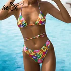 Бикини в бразильском стиле In-X, купальник с высоким вырезом, Женский треугольный комплект из 2 предметов с лямкой на шее, купальник со стрингами, женский купальный костюм с принтом, 2021
