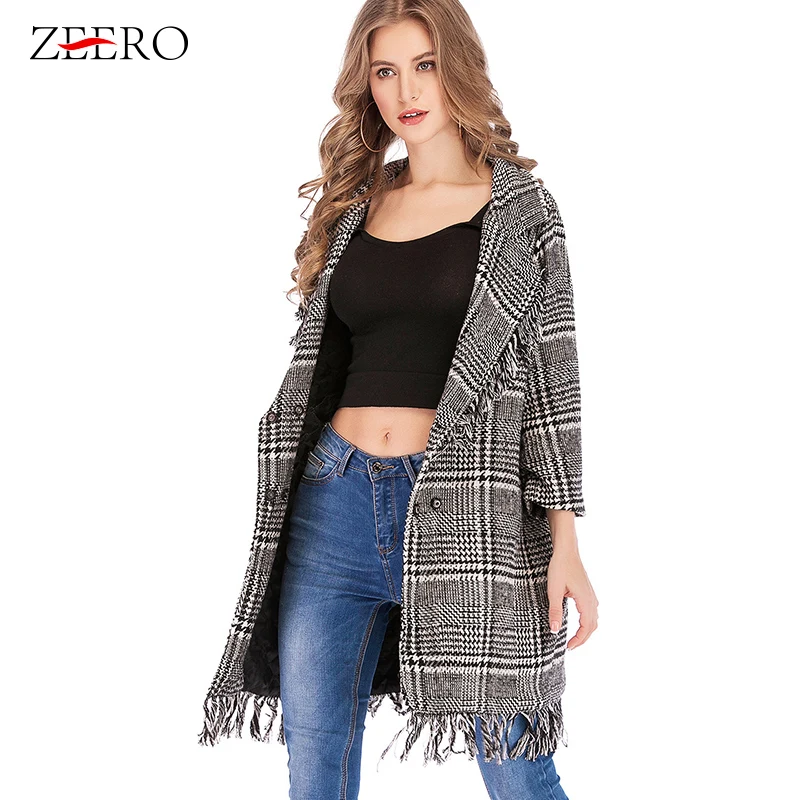 

2021 Winter Runway Trench Coat for Women Retro Casual Tweed Wool Plaid Single-breasted Noched Collar Tassel Long Coat