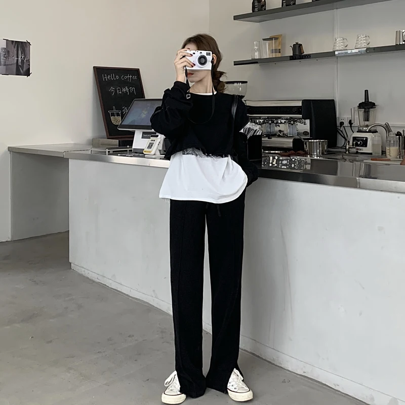 

2020 Winter New Women Elastic Waist Casual Wide Legs Leisure Solid Color Minimalist Loose Full Length High Waist Split