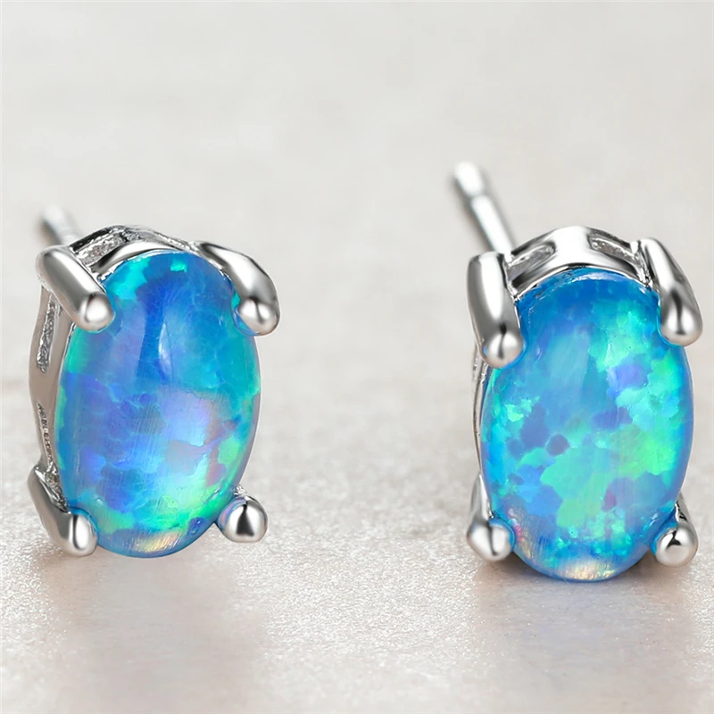 

Luxury Female Blue Opal Stone Earrings Charm Silver Color Small Stud Earrings Dainty Bride Oval Wedding Earrings For Women