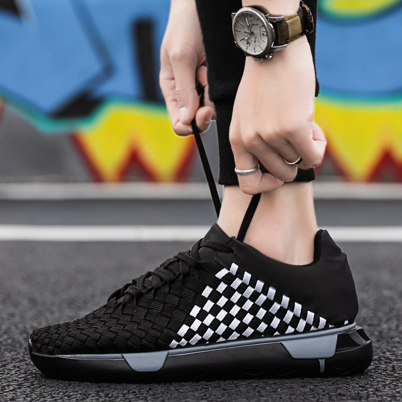 

Men's Shoes Fashion Summer Men Woven Mesh Sneakers Breathable Sneakers Comfortable Casual Walking Checkered Flats Shoes