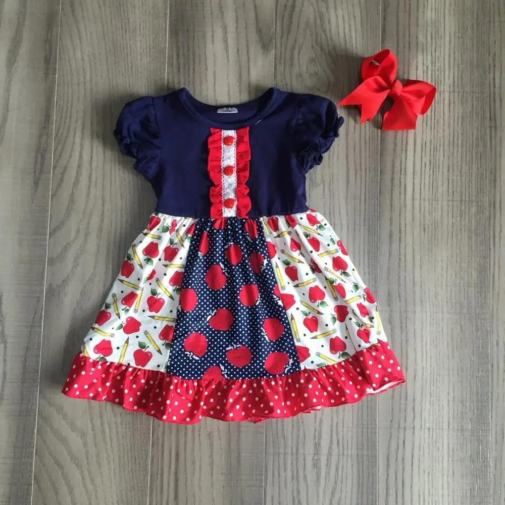 baby girls summer dress back to school clothes apple pencil print with bow | Детская одежда и обувь