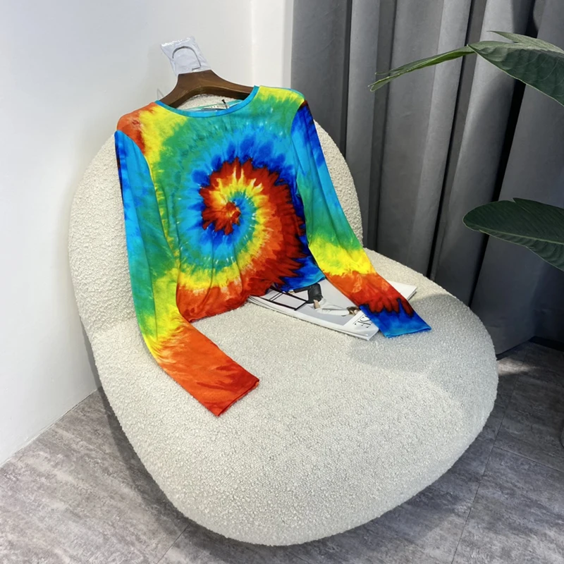 

2021 осенние оригинальные топы Tye-dye, дизайнерские модные радужные женские рубашки стрейч с длинным рукавом, одежда